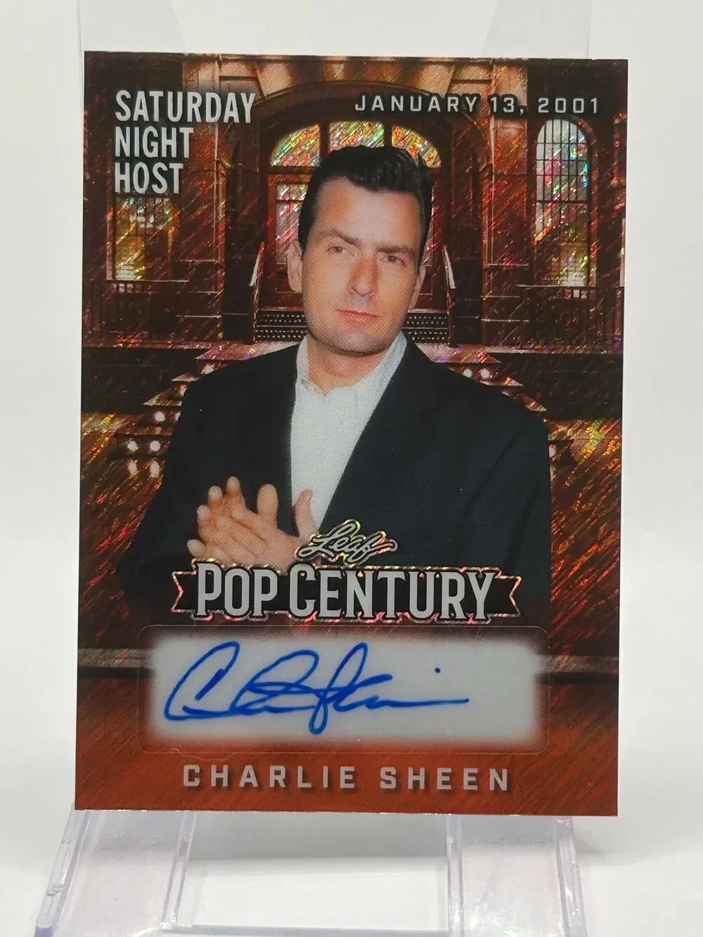 2025 Leaf Pop Century Charlie Sheen Saturday Night Host Orange Shimmer Auto 2/4